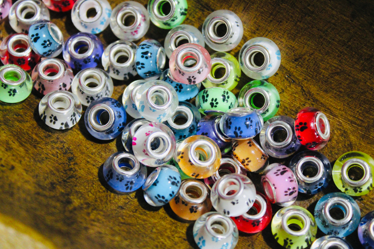14mm Acrylic Wide-mouth Paw Print Mixed Color Spacer Bead 30 Count