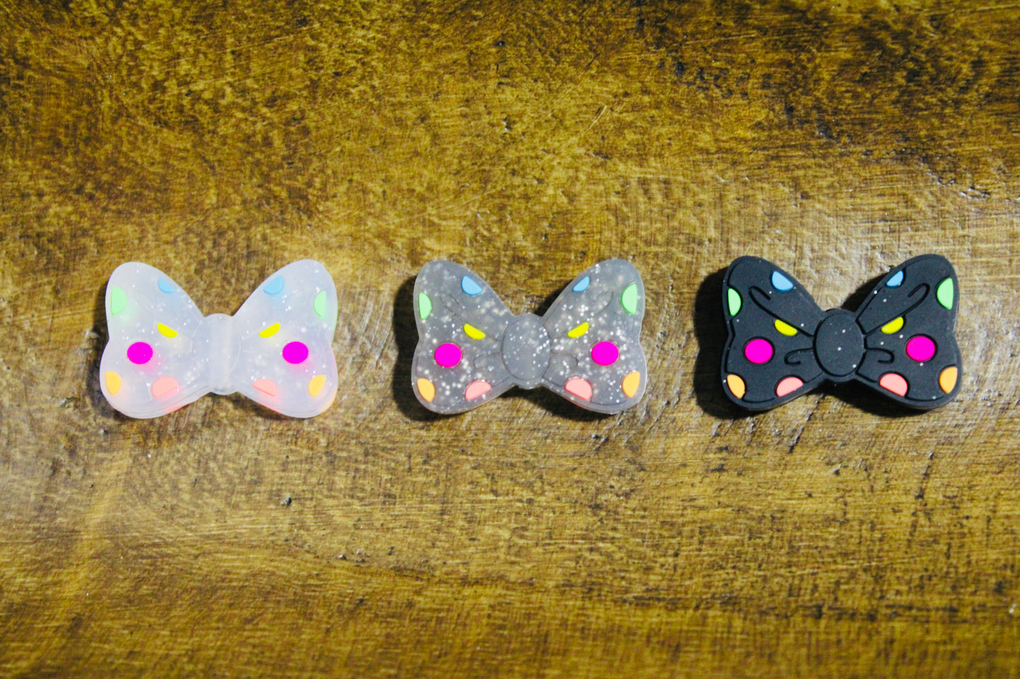 Polka Dot Neon Glitter Bow Silicone Focal Bead Clear Gray Or Black