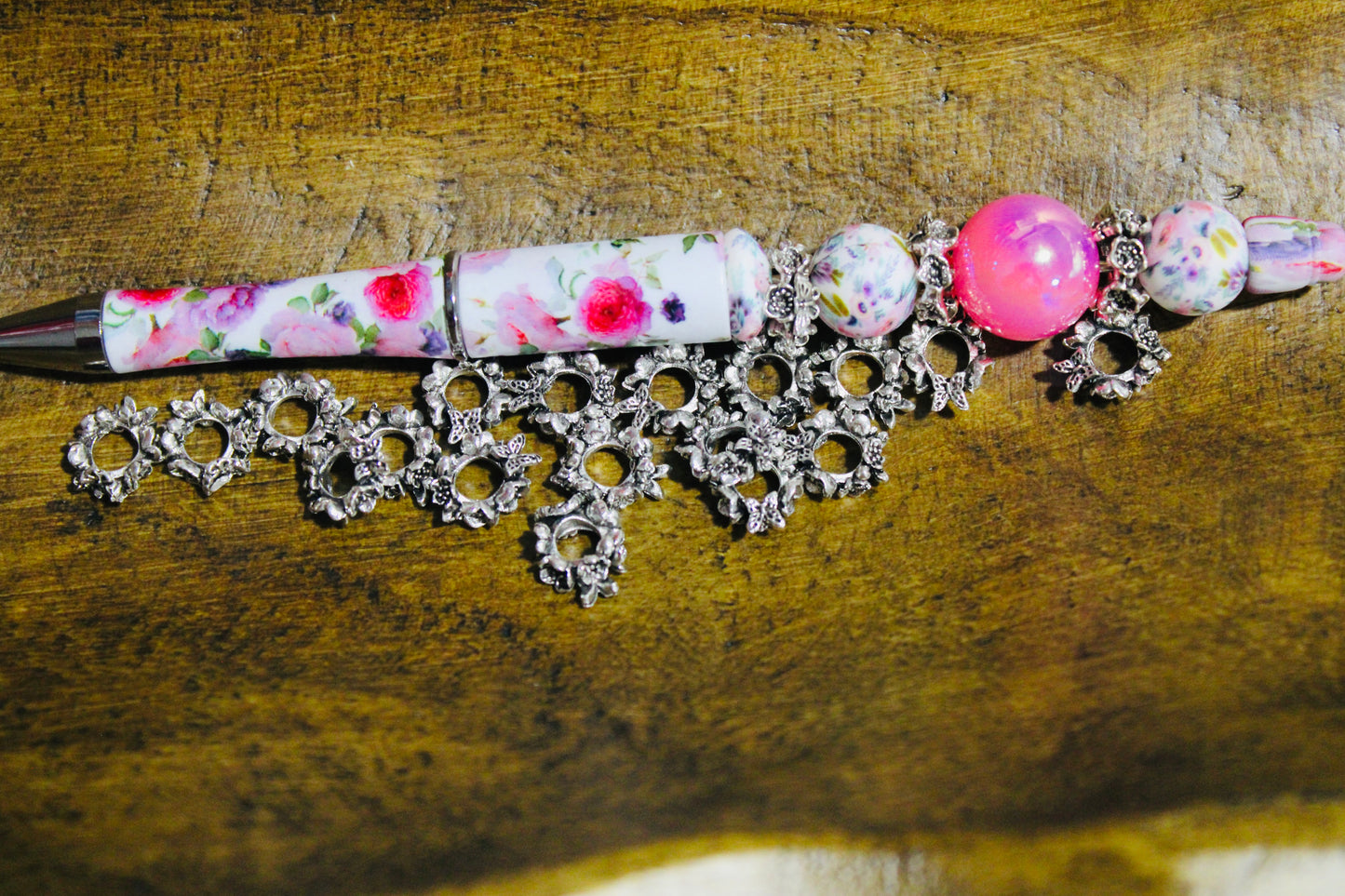 Vintage Floral Wide Mouth Metal Spacer Bead 25 Count Bead Bag
