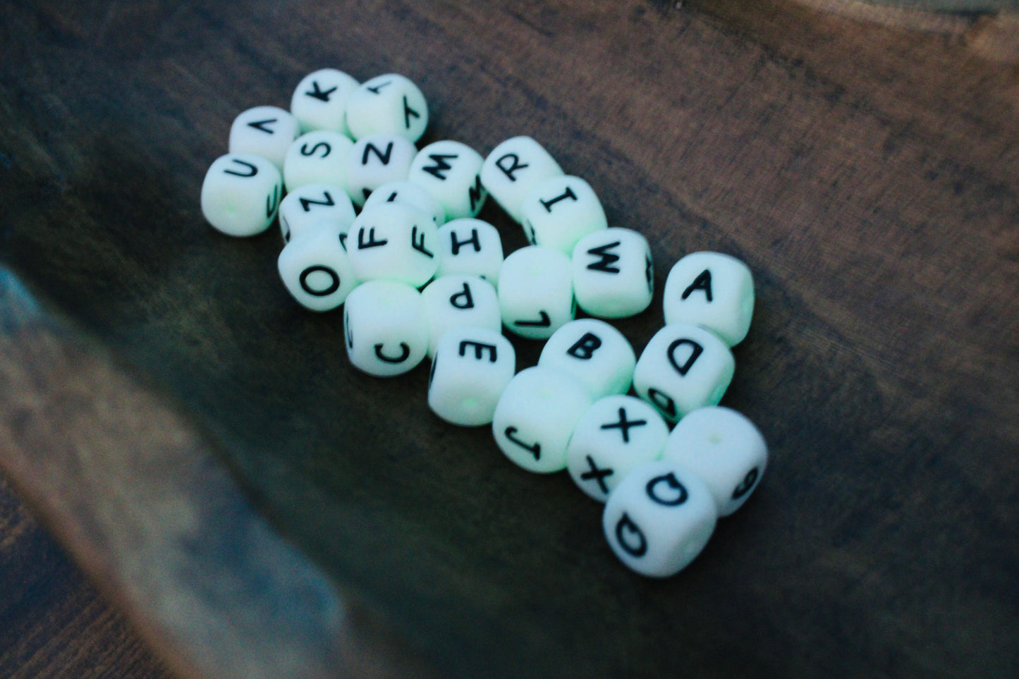Glow In The Dark 12mm Silicone Letter Bead Mix Bag A-Z In Each Bead Mix