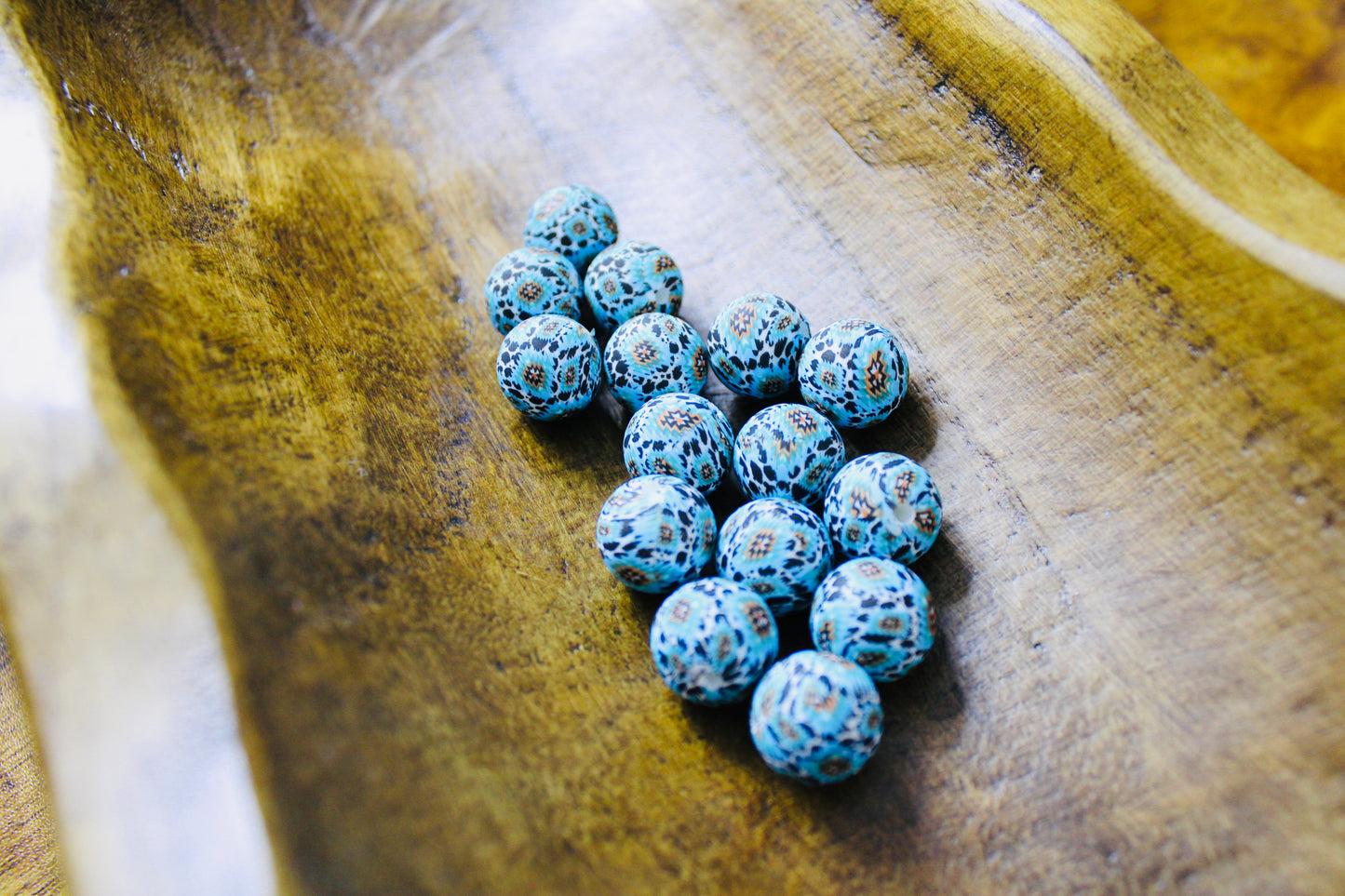 Blue Aztec Cow 15mm Printed Silicone Bead