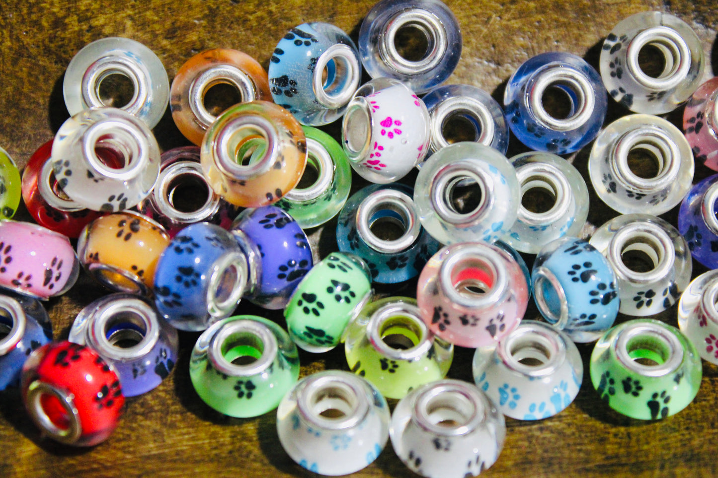 14mm Acrylic Wide-mouth Paw Print Mixed Color Spacer Bead 30 Count