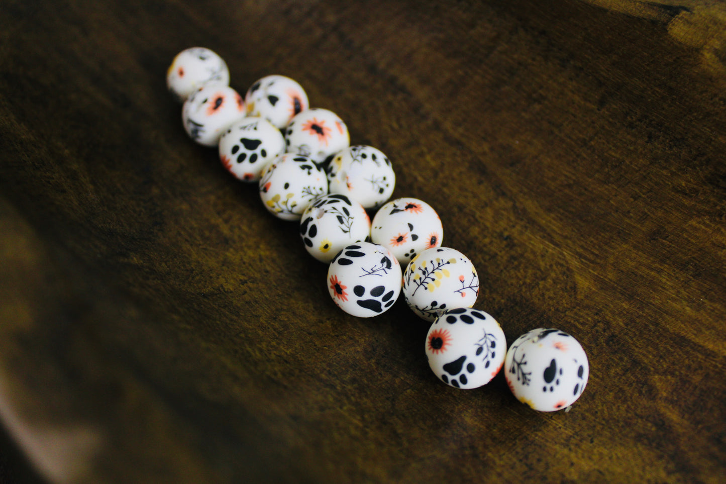 Paw Print 15mm Silicone Printed Bead Coral White Black