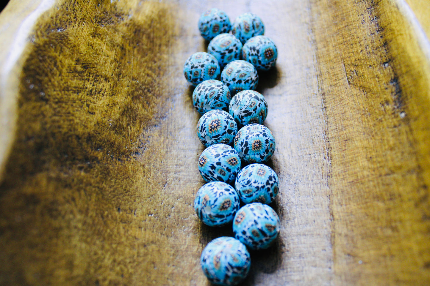 Blue Aztec Cow 15mm Printed Silicone Bead