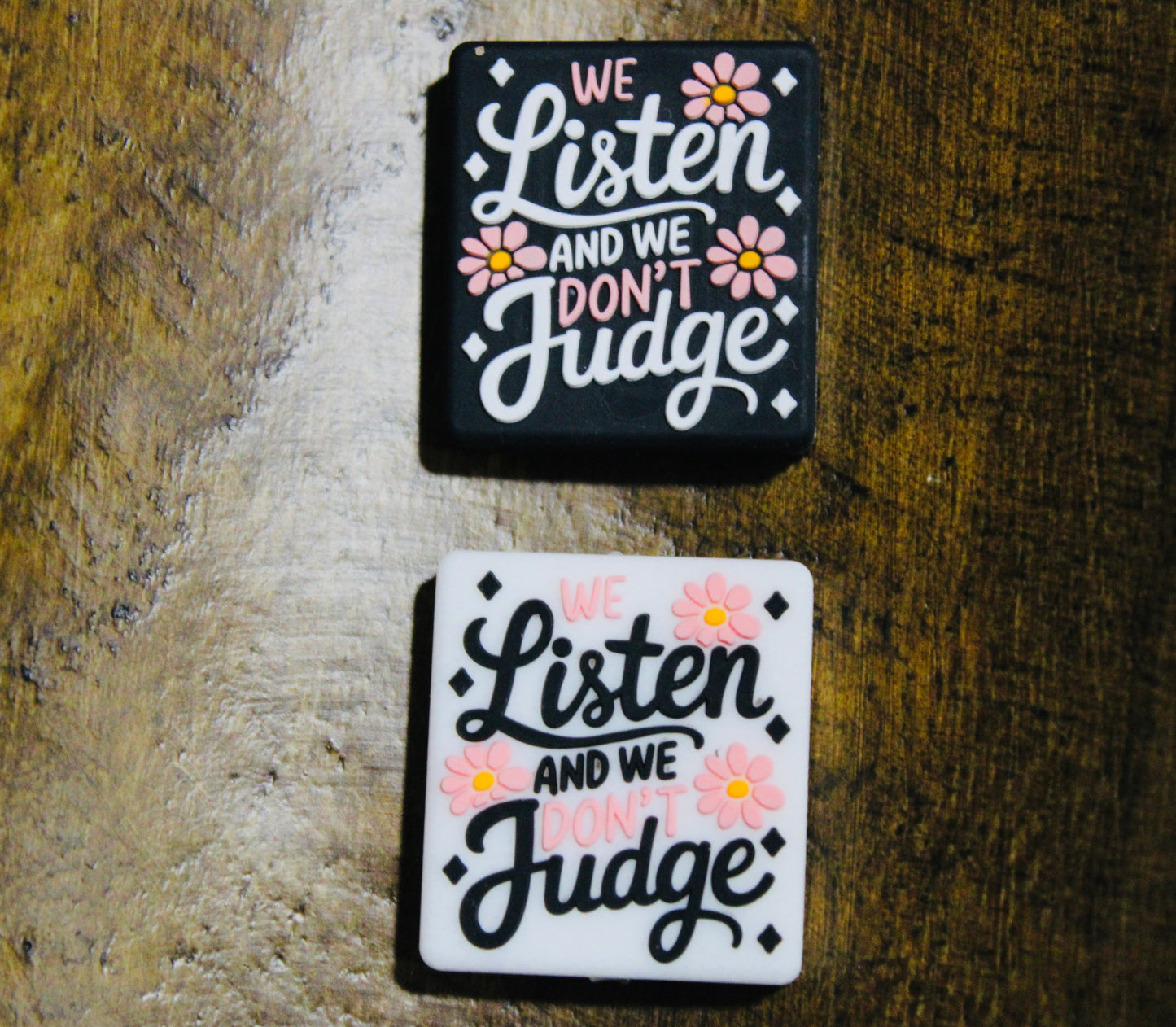 We Listen And We Don’t Judge Silicone Focal Bead Black White Pink