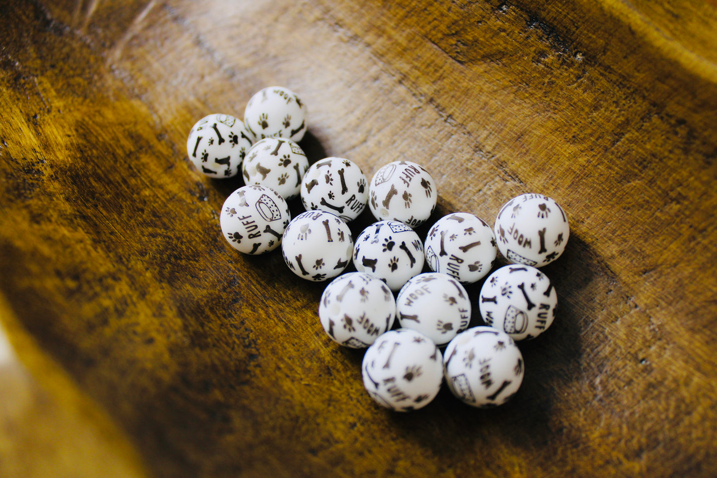 Dog Bone Printed 15mm Printed Silicone Bead Black And White