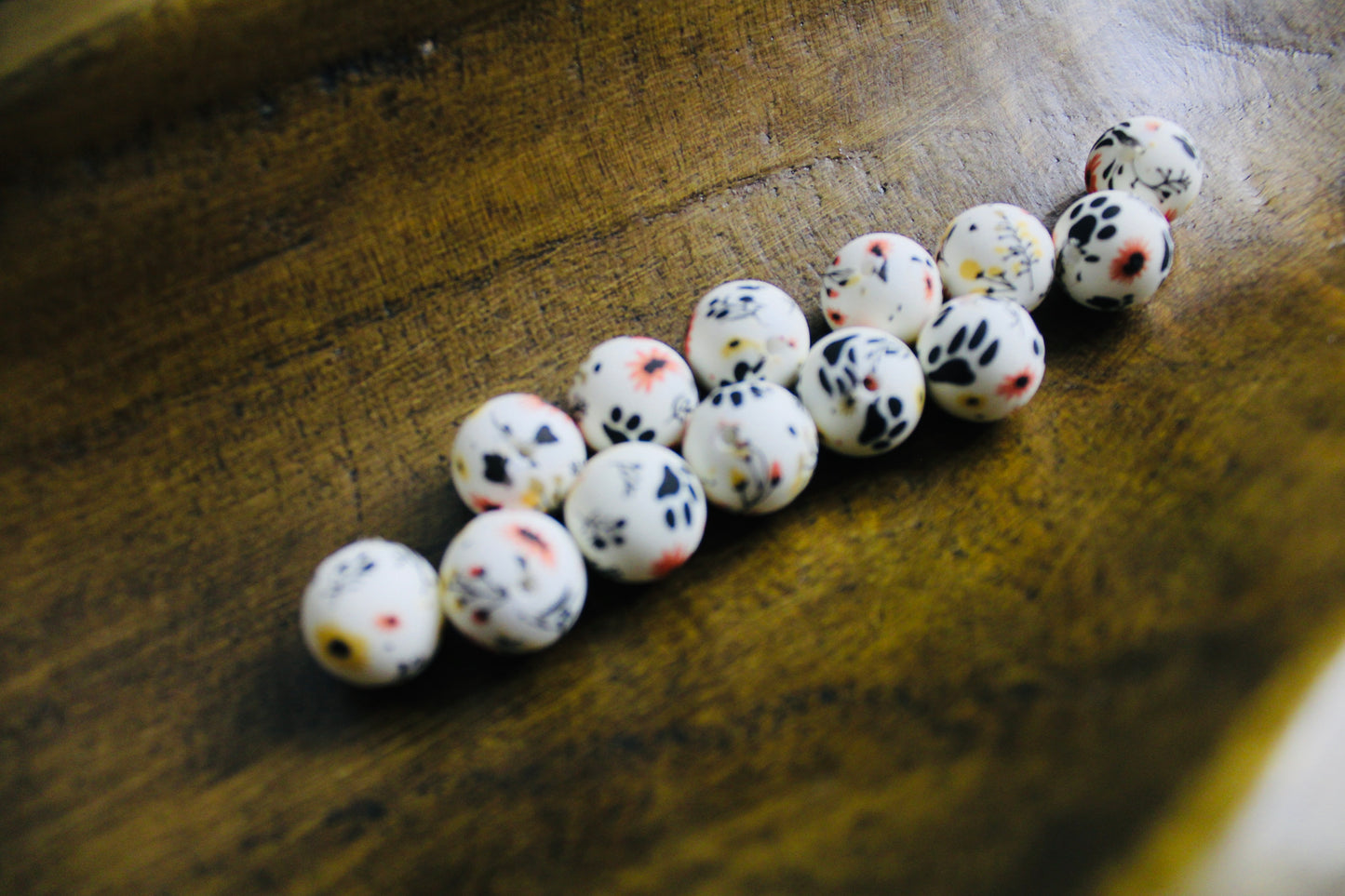 Paw Print 15mm Silicone Printed Bead Coral White Black