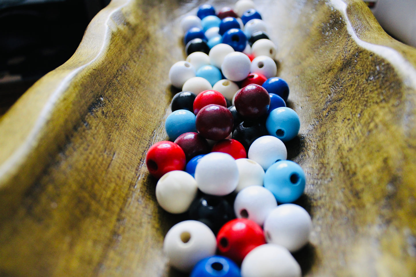 Patriotic 16mm Wood Bead Mix Red White Blue Natural Wood 50 Count Bag