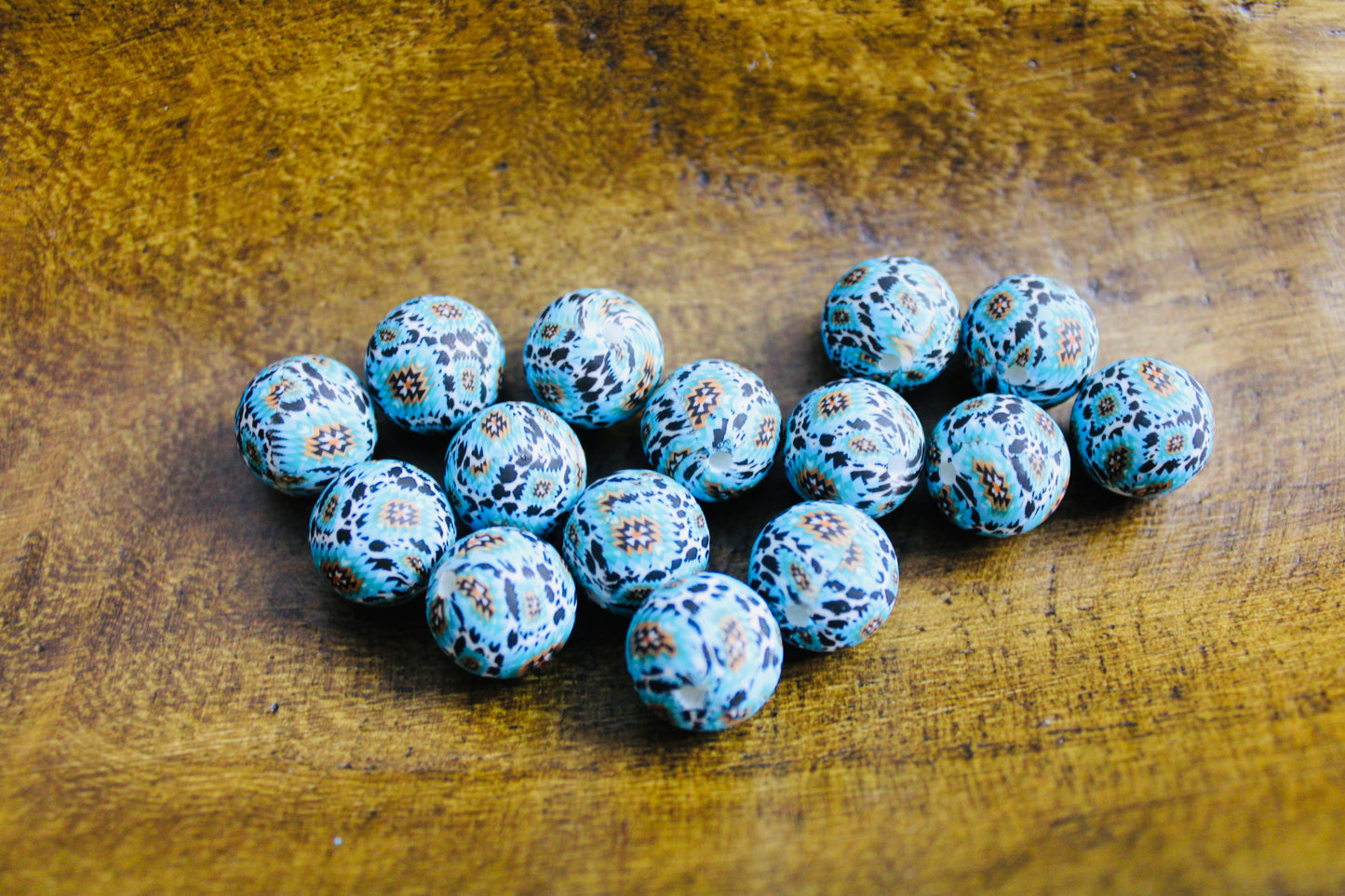 Blue Aztec Cow 15mm Printed Silicone Bead