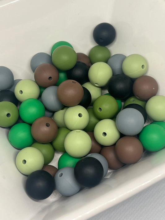 Pack Of 60 Count 15mm Silicone Beads Multicolor Camouflage Black Coffee Brown Christmas Green Matcha Green Bean Green Dim Gray