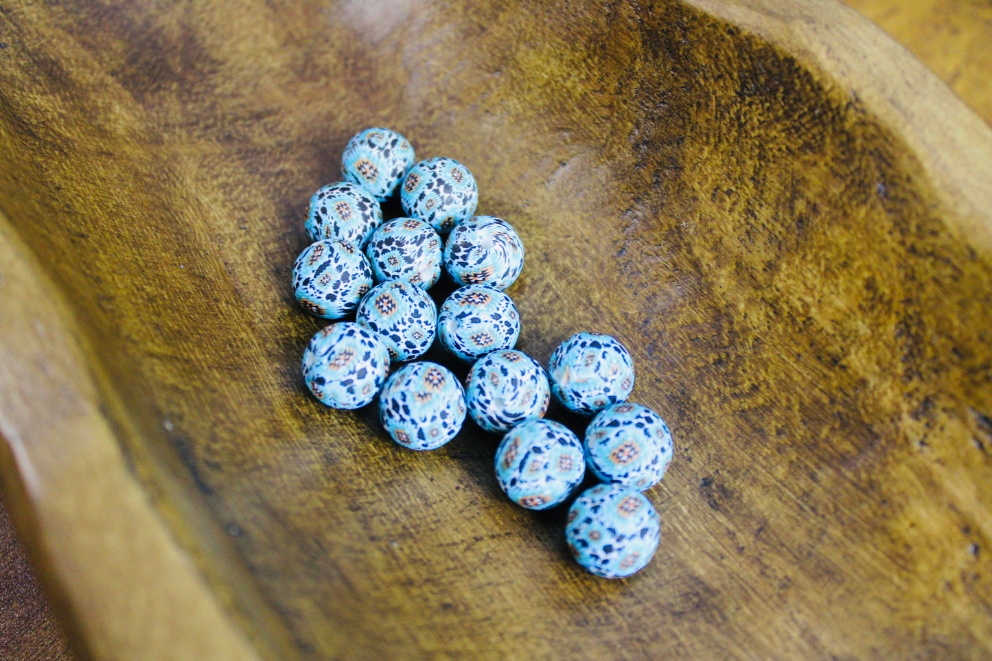 Blue Aztec Cow 15mm Printed Silicone Bead