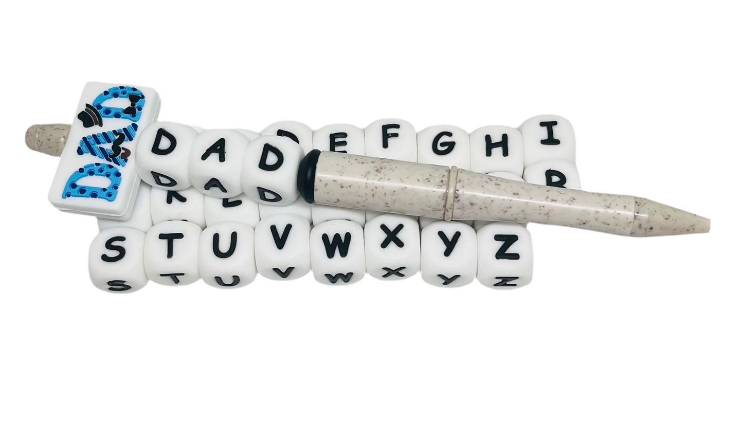 12mm Silicone Letter Bead / Black and White / Pen Beading / Wristlet Beading