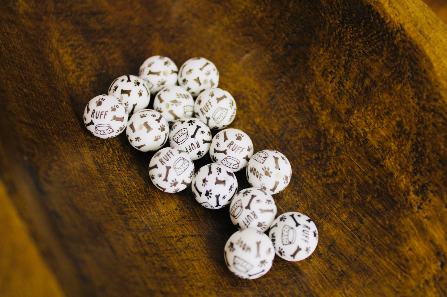 Dog Bone Printed 15mm Printed Silicone Bead Black And White