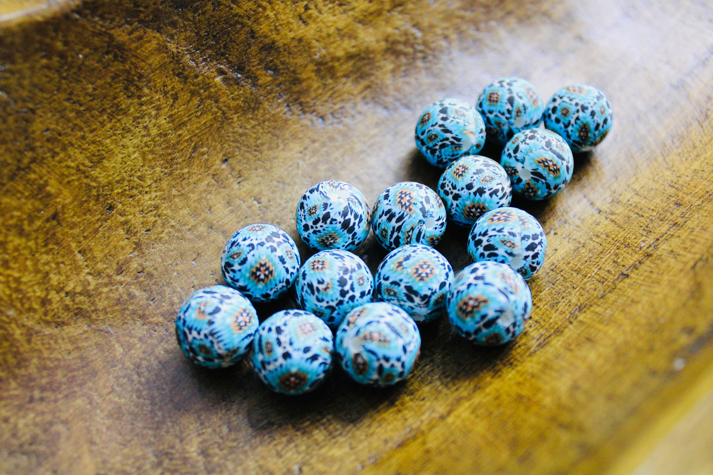 Blue Aztec Cow 15mm Printed Silicone Bead