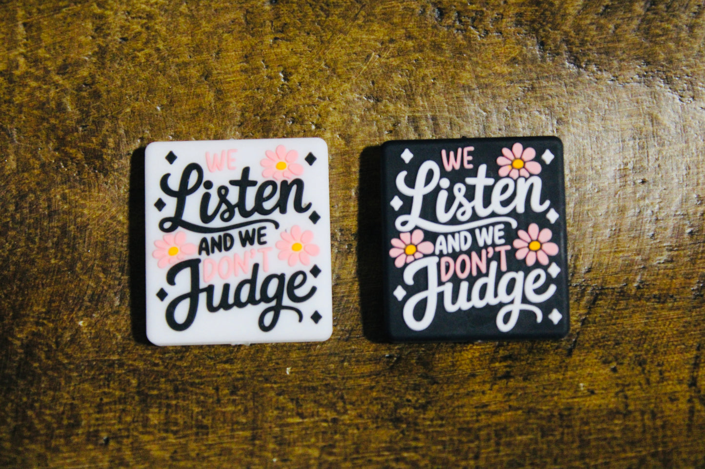 We Listen And We Don’t Judge Silicone Focal Bead Black White Pink