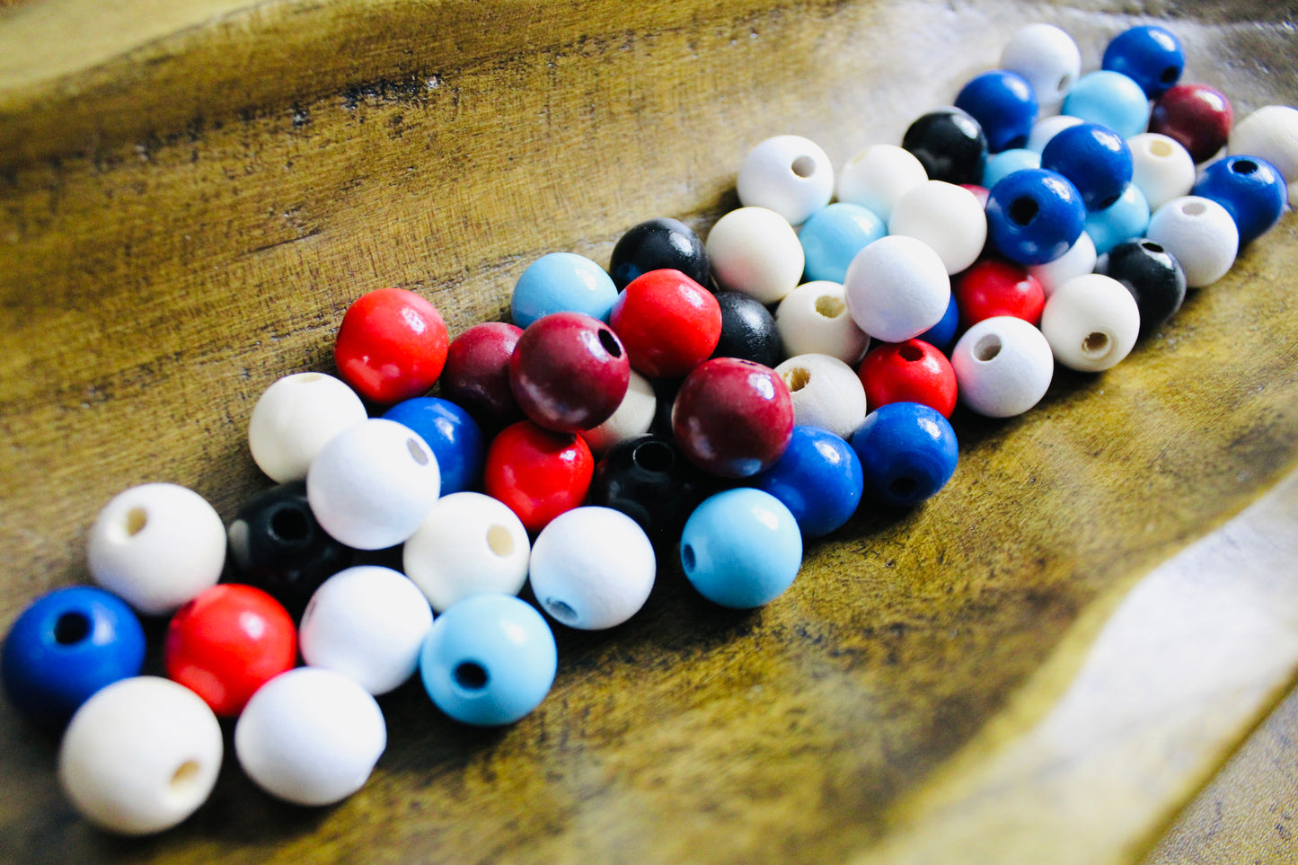 Patriotic 16mm Wood Bead Mix Red White Blue Natural Wood 50 Count Bag