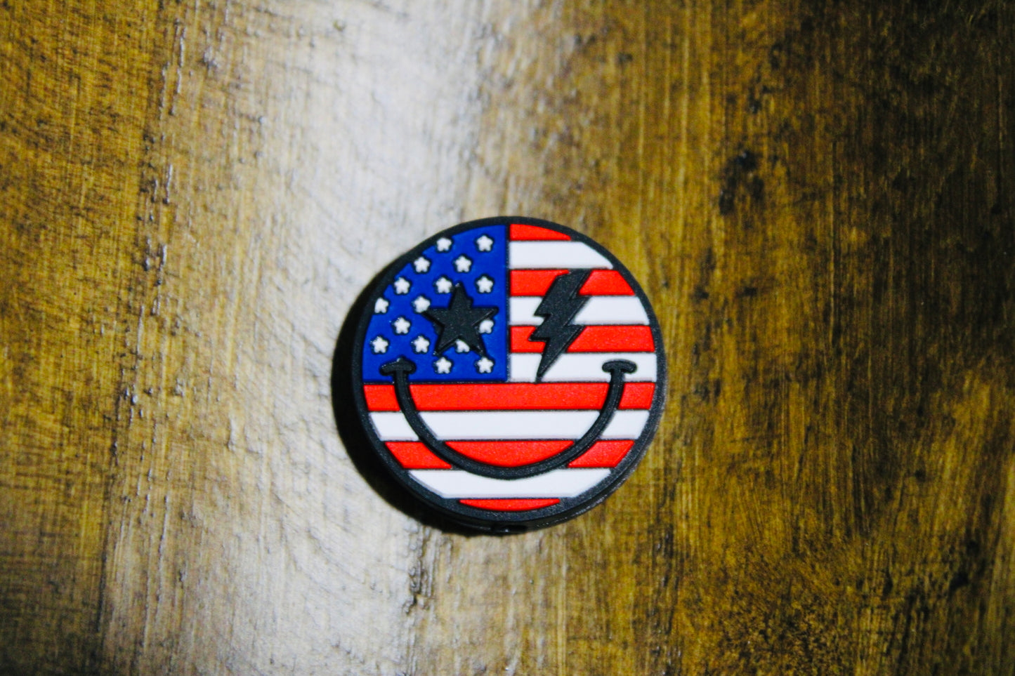 Patriotic Smiley Face Red White and Blue Silicone Focal Bead