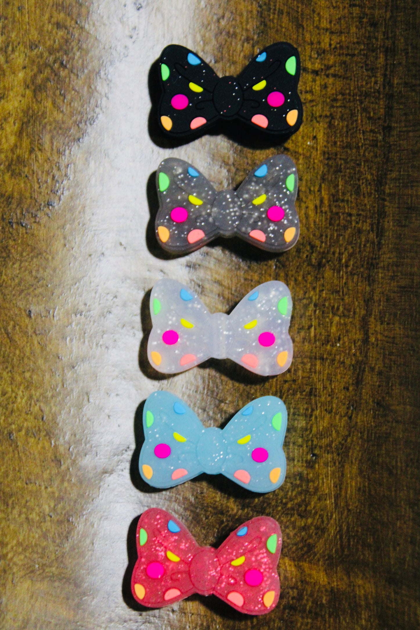 Polka Dot Neon Glitter Bow Silicone Focal Bead Clear Gray Or Black