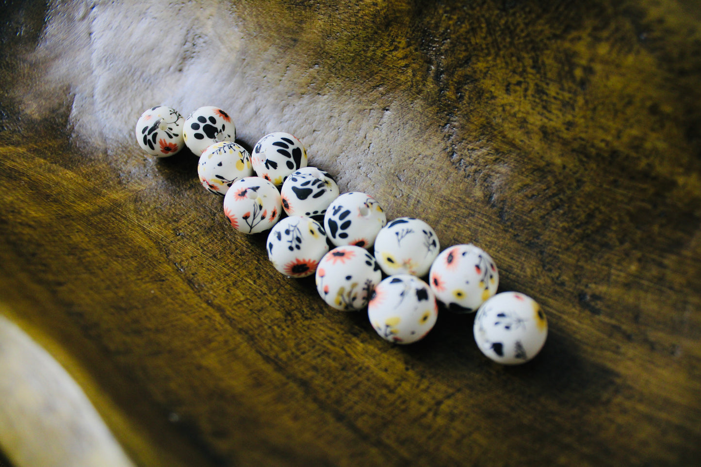 Paw Print 15mm Silicone Printed Bead Coral White Black