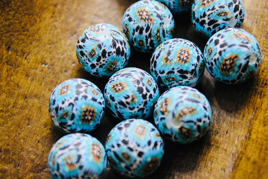 Blue Aztec Cow 15mm Printed Silicone Bead