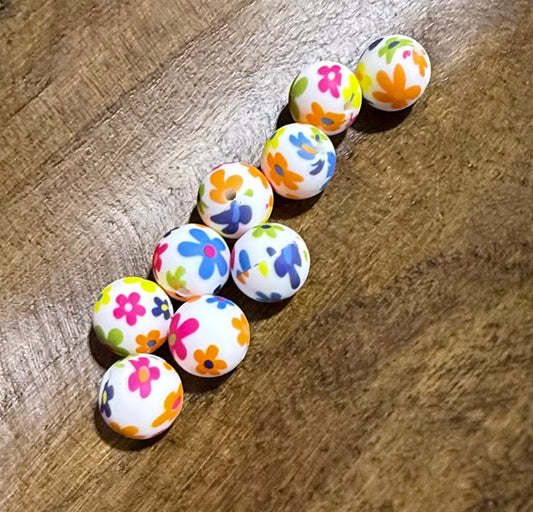 Bright Floral 15mm Printed Silicone Bead