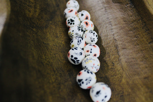 Paw Print 15mm Silicone Printed Bead Coral White Black