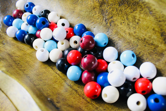 Patriotic 16mm Wood Bead Mix Red White Blue Natural Wood 50 Count Bag