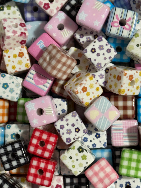 15mm Acrylic Square Printed Bead 2mm Hole 10 Count Bag