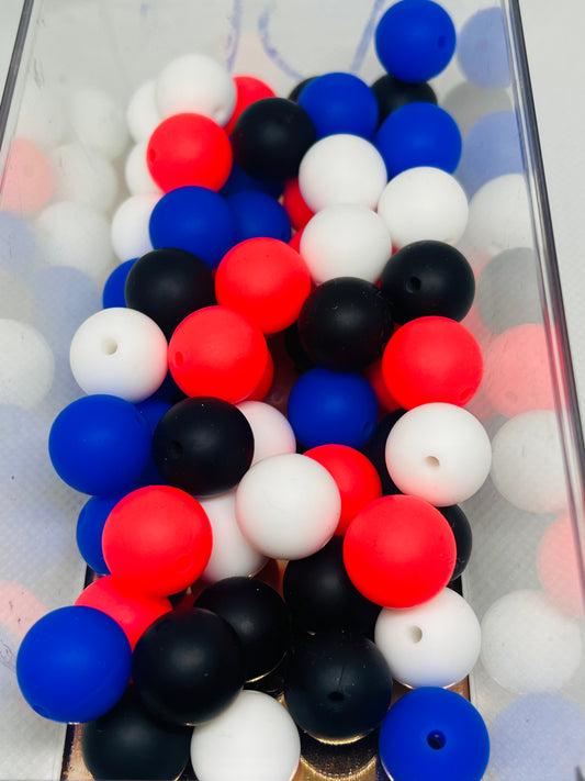 Patriotic Bead Mix Silicone 15mm Multicolor 60 Count 15 Of Each Color Bead Bag Red/Pink Rolyal Blue Black White