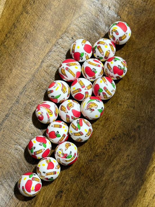 First Day of School 15mm Printed Round Silicone Bead